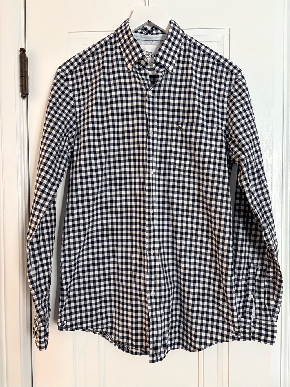 Lacoste Men's Navy & White Gingham Button-Down Shirt - Casual Long Sleeve